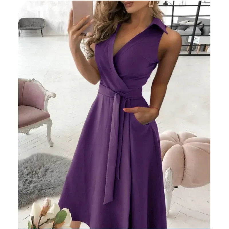 Women Belted V Neck Long Sleeve Dress For Spring Summer