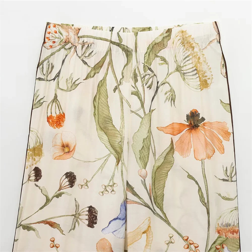 Floral Pattern Women's Shirt and Long Pants Set for Spring Fashion