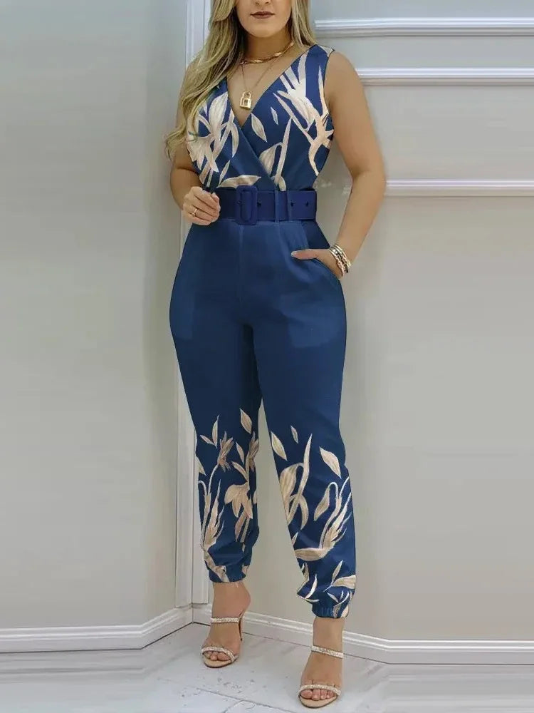 Summer V-Neck Backless Printed High Waist Jumpsuit for Women Sexy Bodysuit Overalls Streetwear Elegant Fit