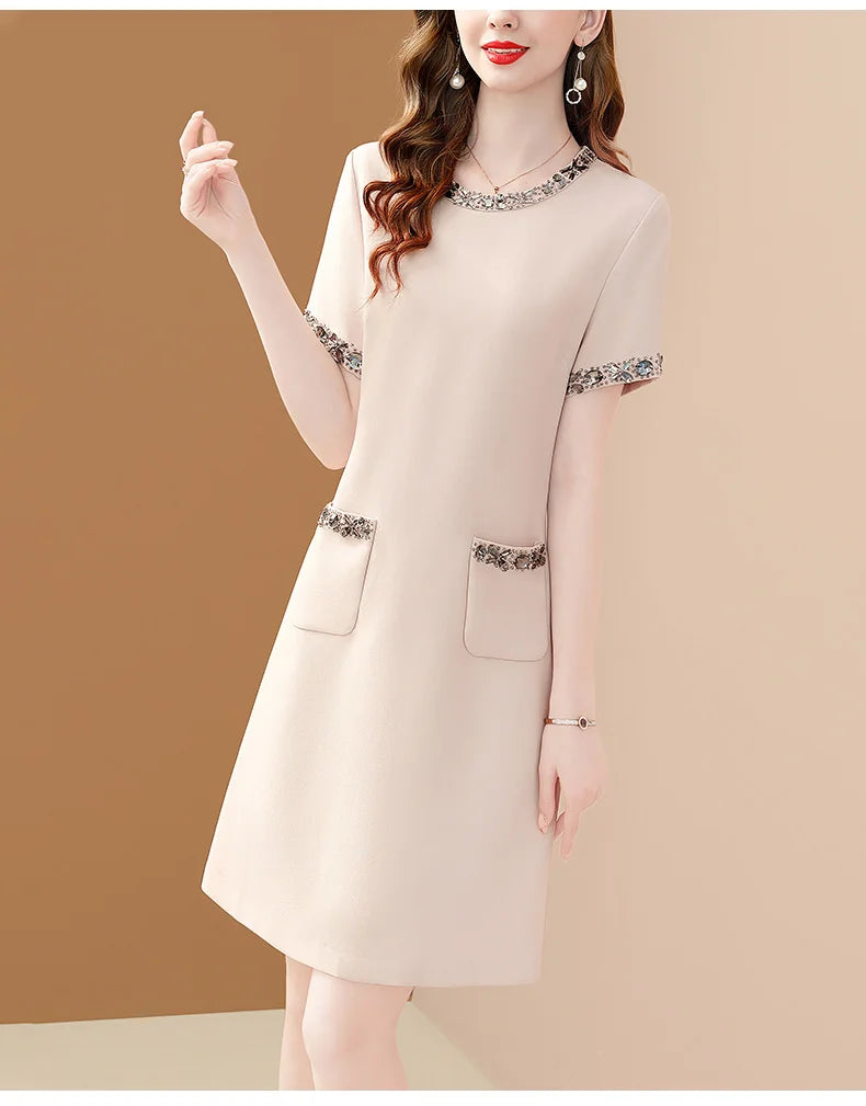 Elegant O Neck Embroidered A Line Dress For Women Office