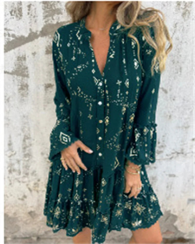 Gold Embossed Lace Sleeve Hollow Out Dress For Women