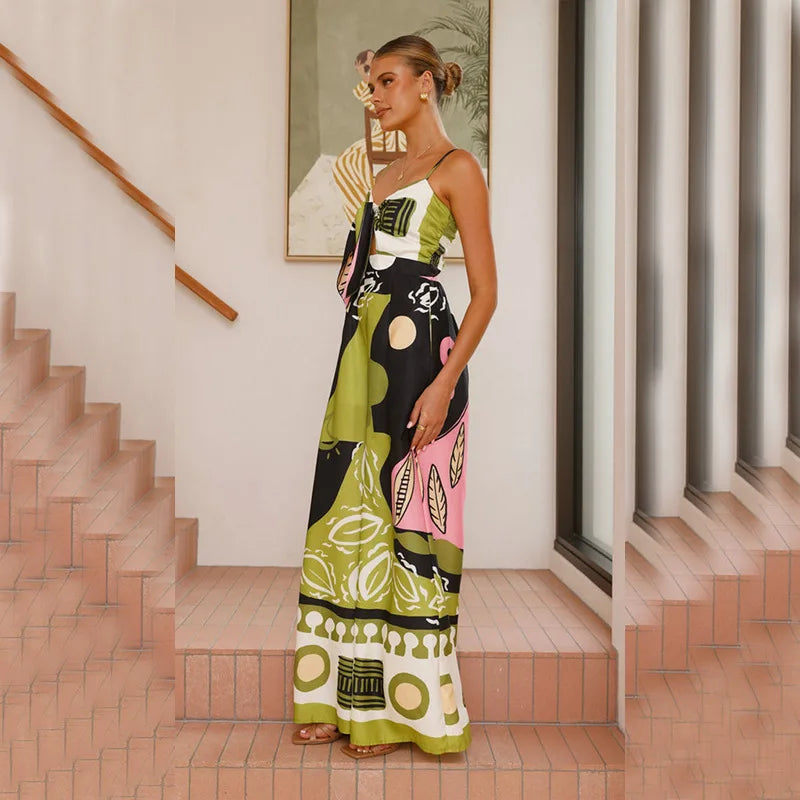 Women's Summer Printed Spaghetti Strap Jumpsuit with Hollow Out Lace-Up Detail High Waist Wide Leg Bohemian Style