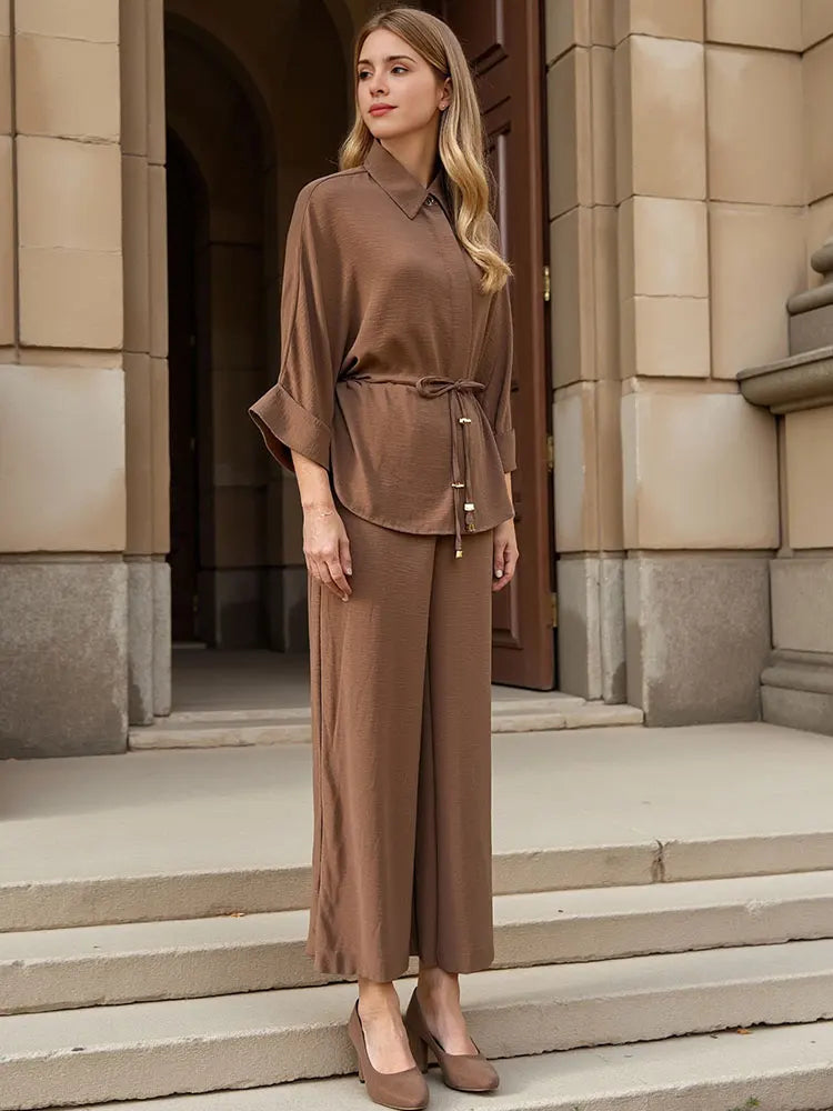 High Waist Casual Trousers and Long Sleeve Shirt Set for Women with Retro Lapel and Drawstring Waist