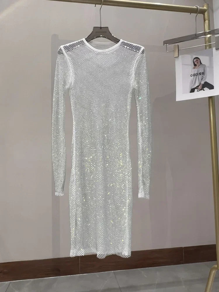 Colorful Sequin Diamond Dress Round Neck Midi Hollow