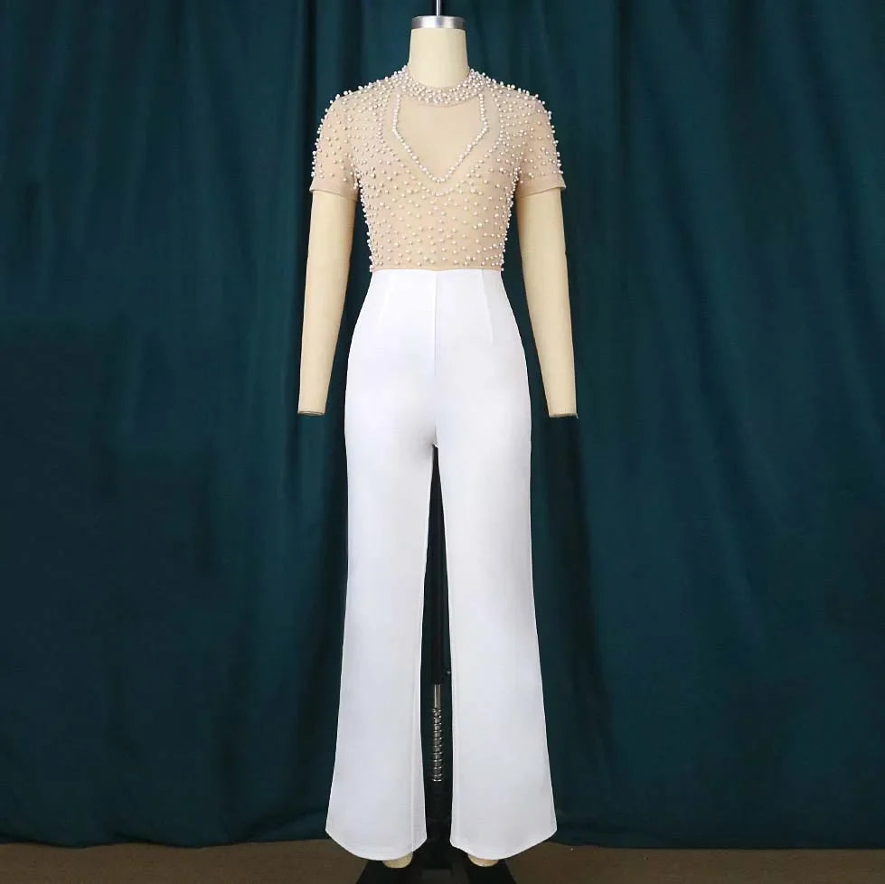 Elegant High Waisted Beaded Short Sleeve Jumpsuit for Women Luxury Birthday Dinner Party Romper Overalls Outfit