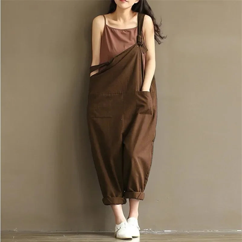 Casual Loose Fit Solid Strap Jumpsuit with Pockets Women's Plus Size Harem Dungaree Overalls 5XL