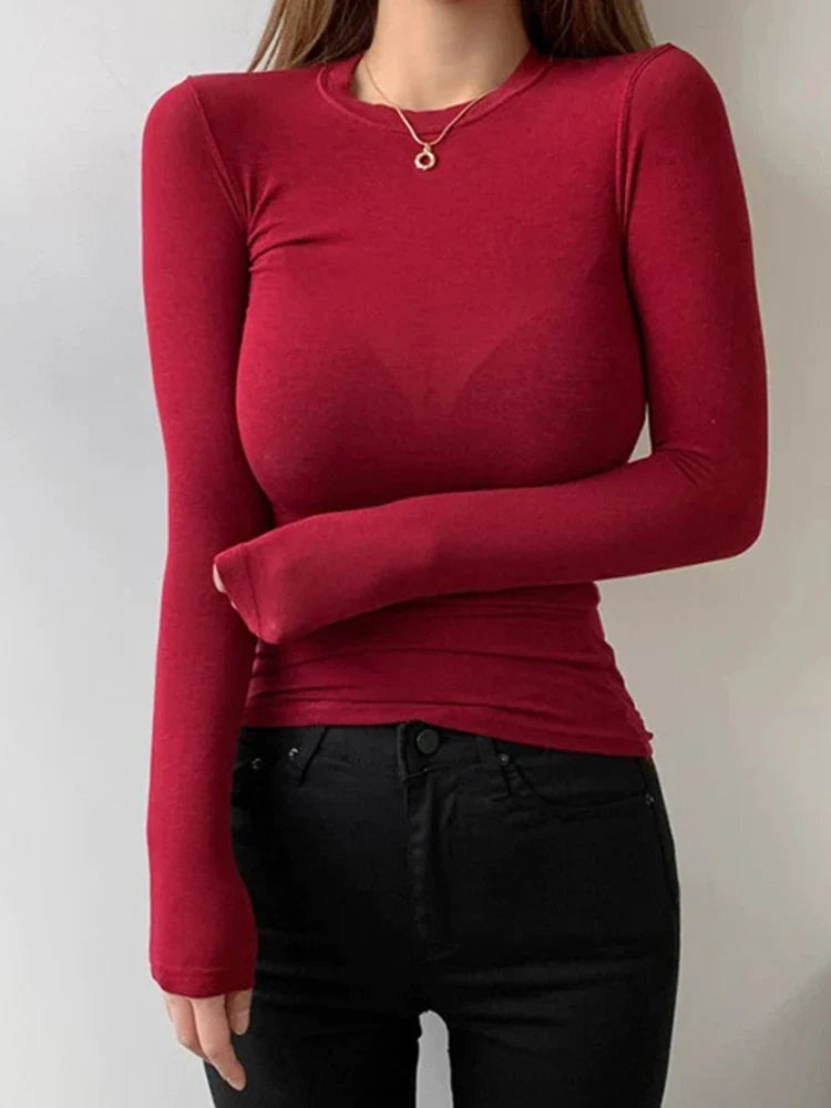 Korean Style Slim Fit Cotton Long Sleeve T Shirt for Women Soft Transparent Summer Tee