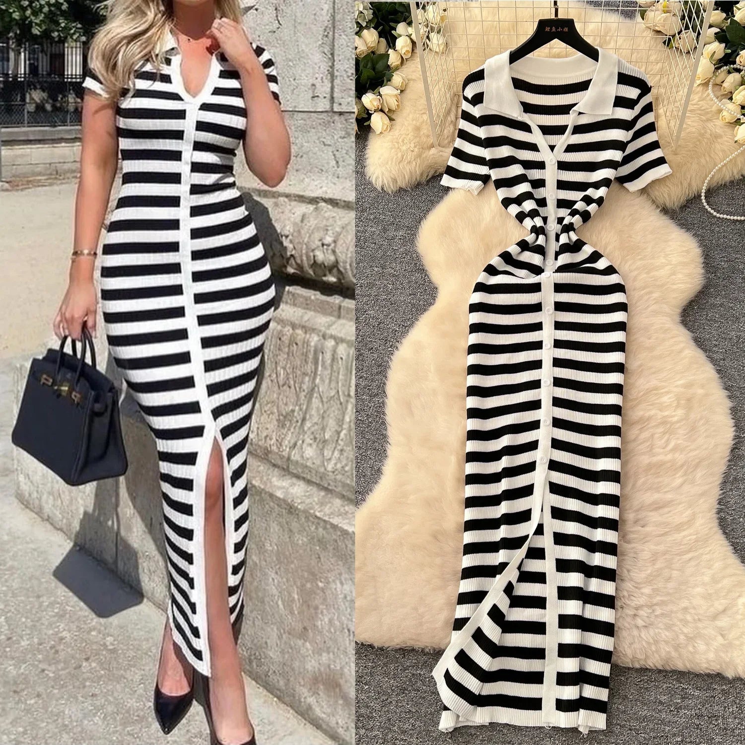 Women Striped Knitted Bodycon Maxi Dress for Summer