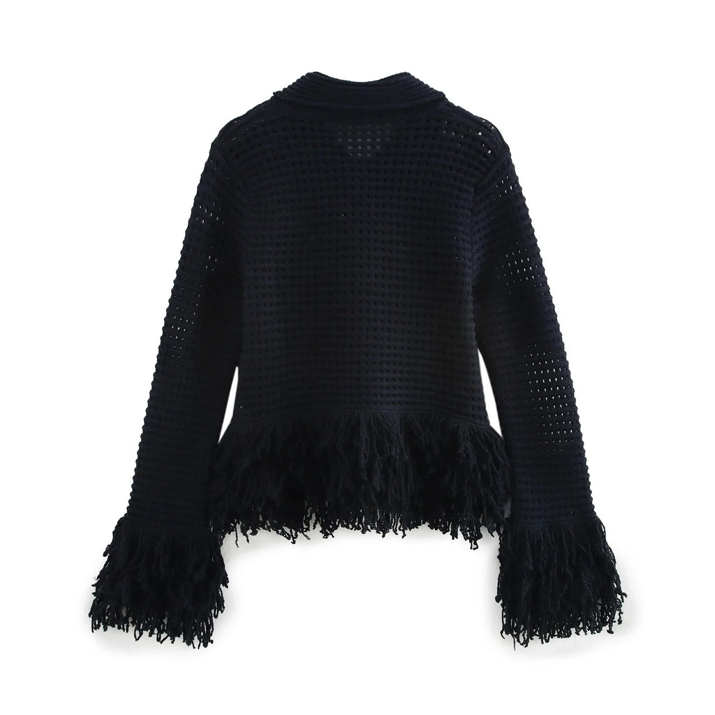 Women's Spring Tassel Plaid Lapel Knitted Jacket with Long Sleeves and High Waisted Knitted Skirt Set