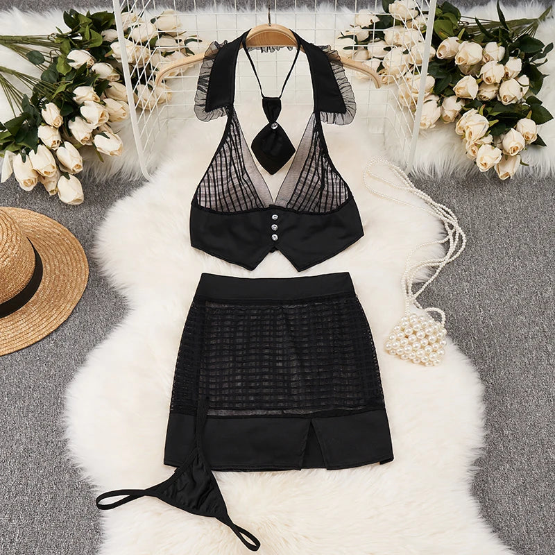 Sexy French-Inspired Lingerie Set with Button Straps Patchwork Short Skirt V-Neck Bow Tie 4-Piece Erotic Cosplay Underwear Suit