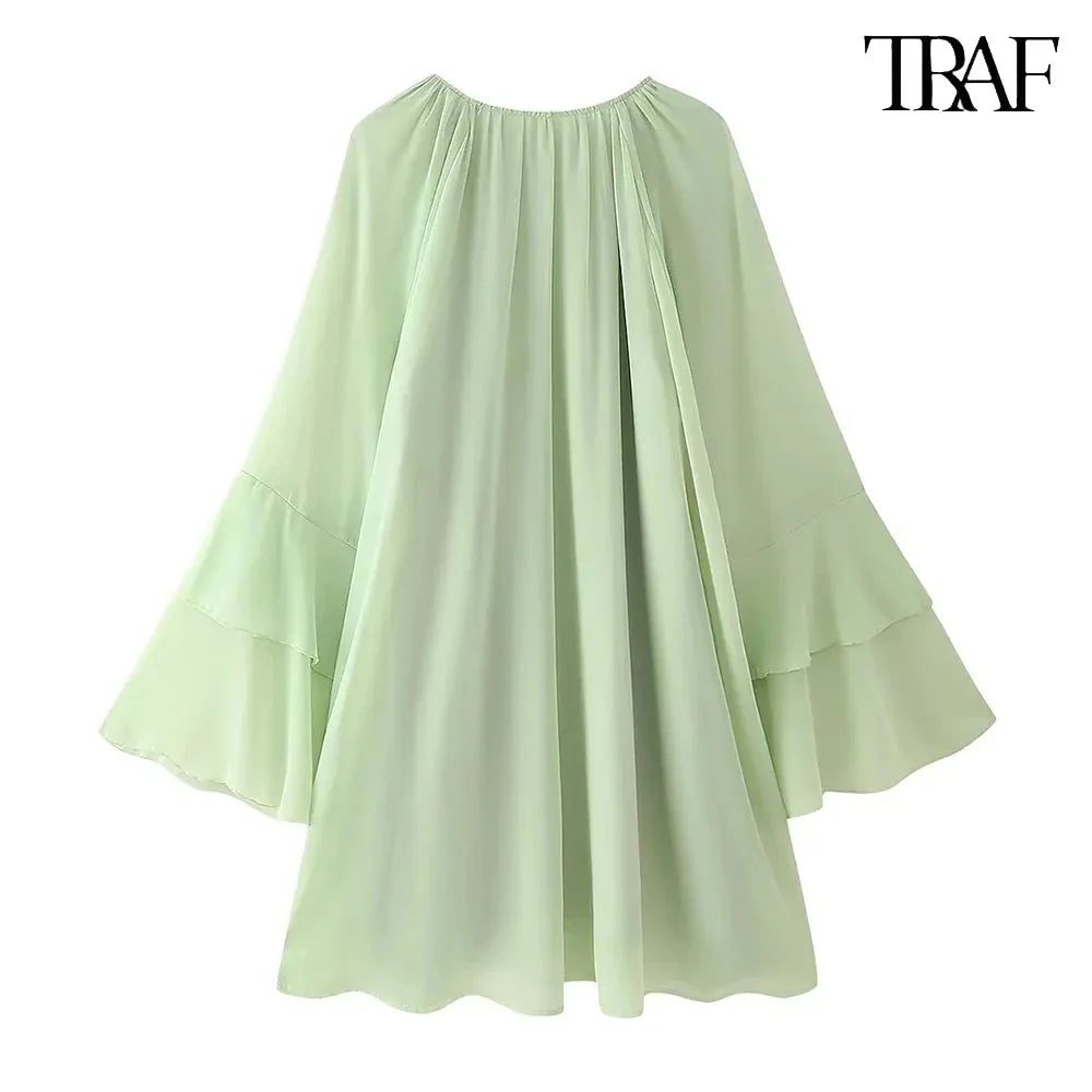 Boho Beach Dress With Round Neck Ruffle Trim Long Sleeve