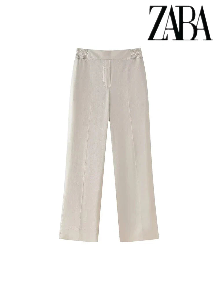 Women's Office Suit Set with Double Breasted Lapel Top and Wide Leg Pants in Solid Color