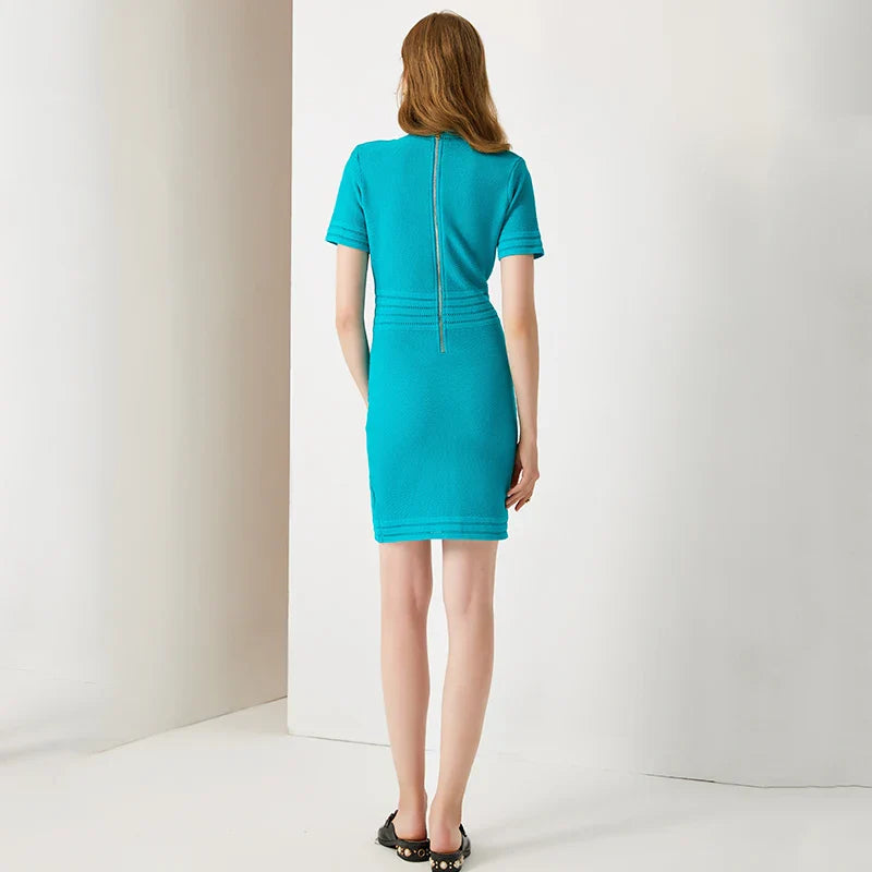 V Neck Knit Short Sleeve Black Sheath Dress With Elastic