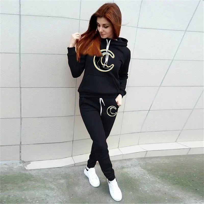 Women's Celestial Cat Print Sweatshirt Hoodie and Pants Casual Sportswear Two Piece Set