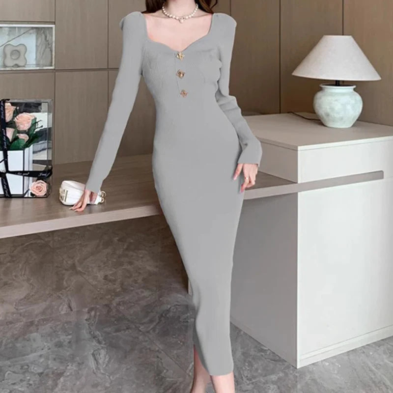Elegant V Neck Knitted Bodycon Wrap Dress For Women Midi