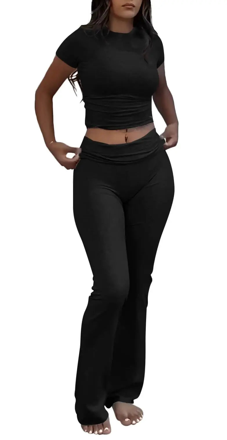 Casual Workout Two Piece Sets for Women Short Sleeve Crop Top and High Waist Flare Pants Tracksuit