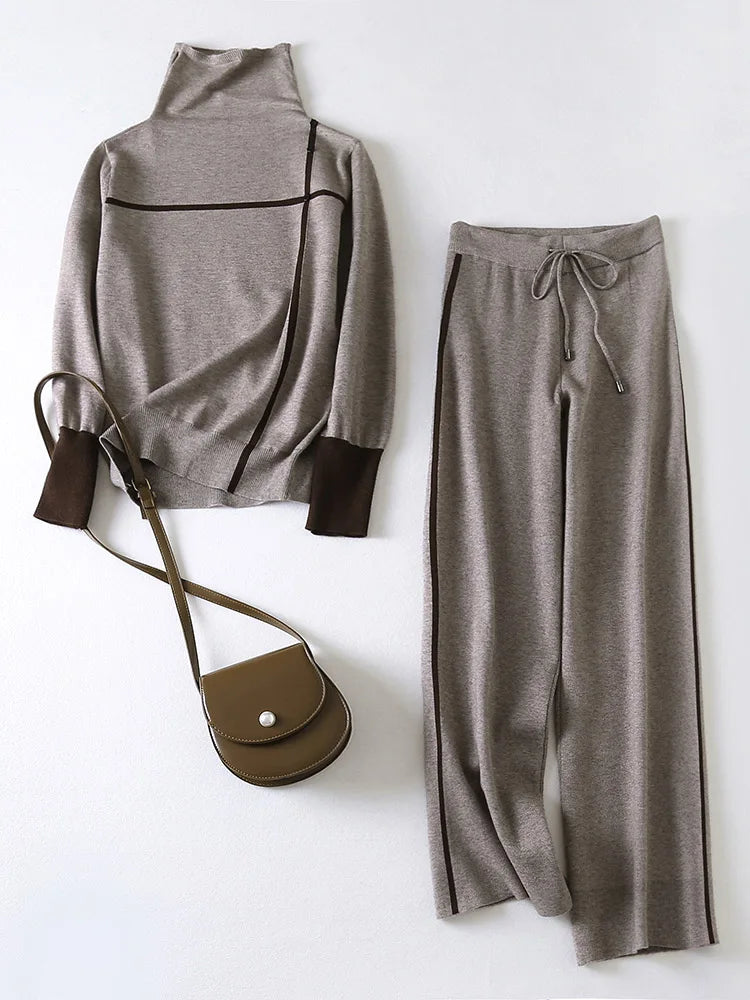Cozy 2 Piece Knitted Sweater Set for Women Long Sleeve Pullover and Wide Leg Pants Warm Autumn Winter Knitwear Tracksuit