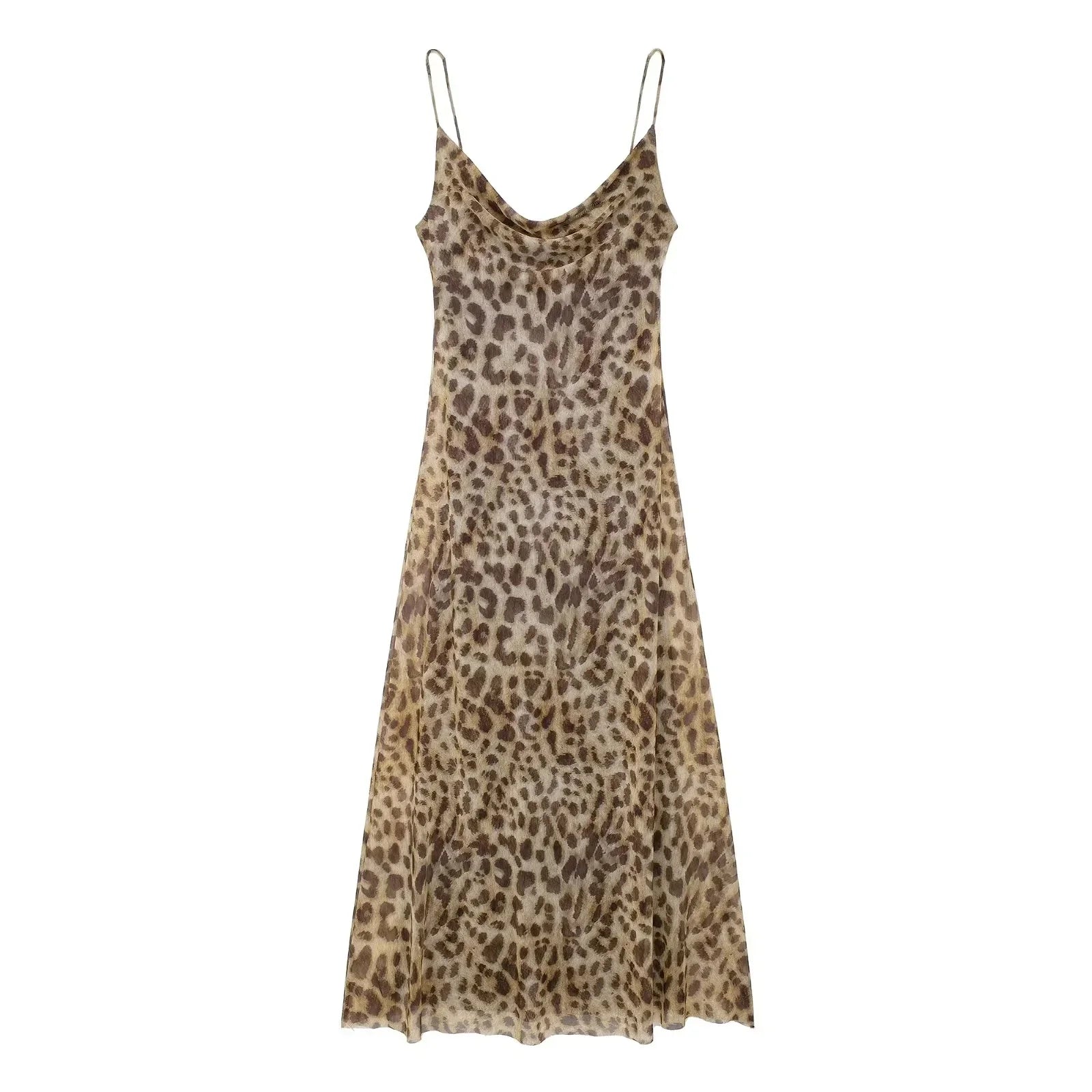 Leopard Print Maxi Dress Tulle Backless Slip for Women