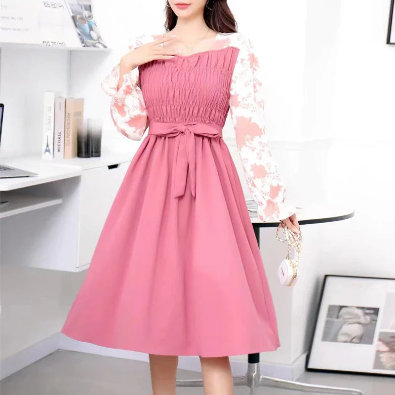 Floral Print Long Sleeve Womens Dress Vintage Bandage Waist