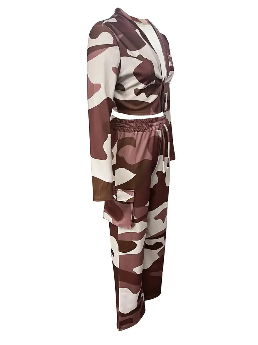 Camo Print Cargo Pants Set with Sexy Crop Top and High Waist Wide Leg Trousers for Women
