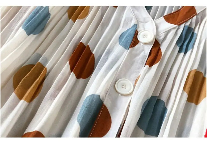 Polka Dot Casual V-Neck Chiffon Blouse with Single Breasted Button and Lantern Sleeve Folds Lightweight Women's Top