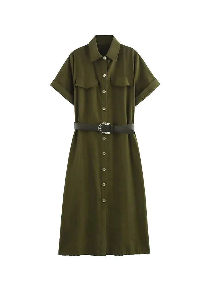 Women Summer Solid Midi Dress Belted Short Sleeve Elegance