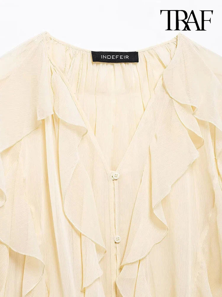 Elegant Solid Color Multi-Layered Ruffle V-Neck Sheer Long Sleeve Loose Blouse for Women