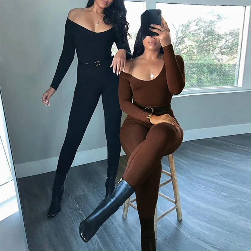 Women's Black Long Sleeve Bodycon Jumpsuit Slim Fit Sexy Solid Romper Casual Sporty Skinny Streetwear for Autumn Winter