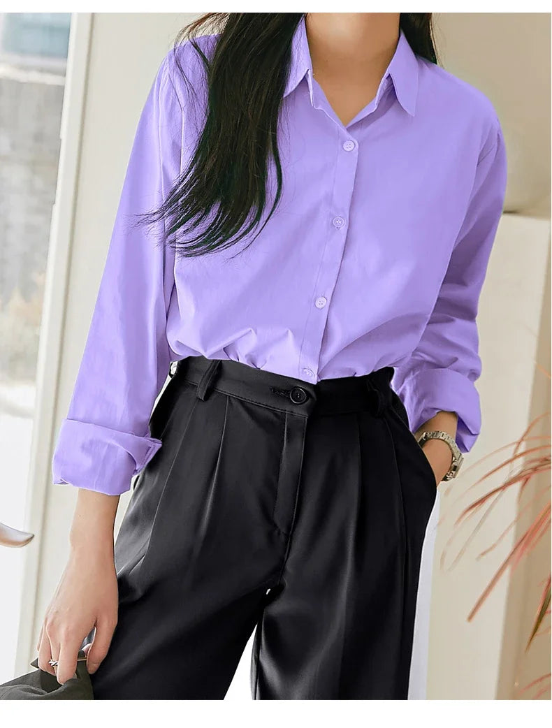 Women's Casual Loose Fit Long Sleeve Lapel Shirt 100 Percent Cotton Pure Color Versatile Layering Top for Spring and Autumn