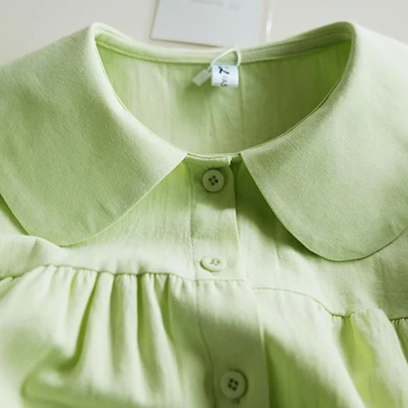 Blue Peter Pan Collar Single Breasted Short Sleeve Loose Fit Women's Blouse Shirt Lightweight Casual Top