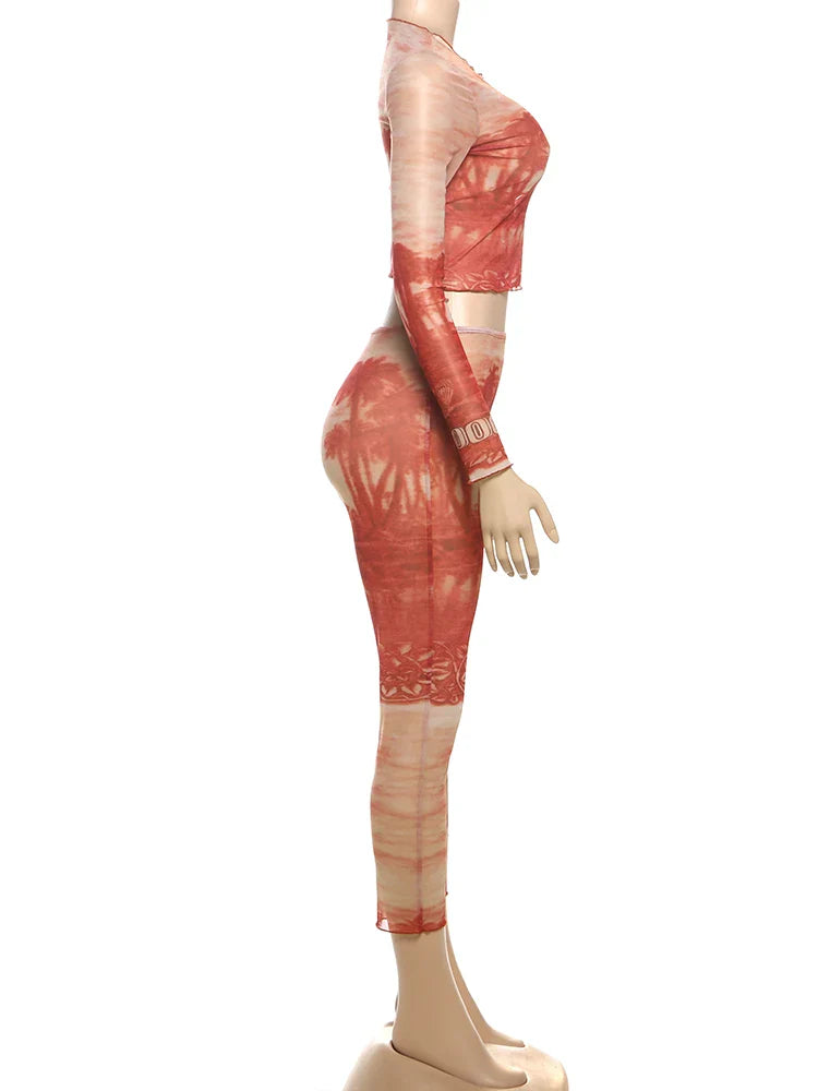 See Through Women 2 Piece Set Sexy Print Crop Top and Leggings Matching Summer Outfit