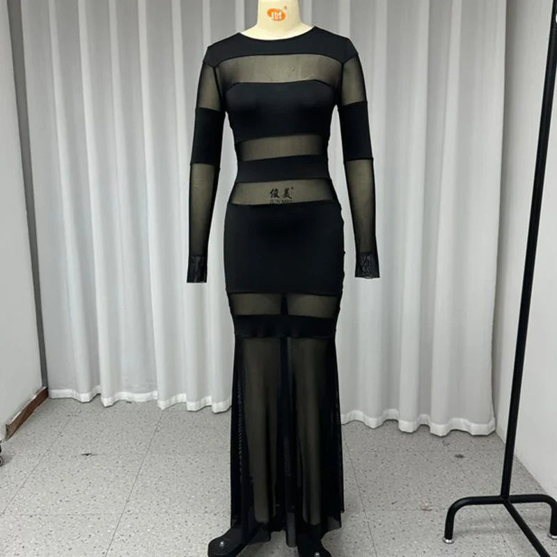 Hollow Out Sheer Dress For Women Round Neck Long Sleeve