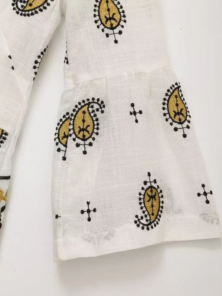 Vintage Women Embroidered Cardigan Coat and Wide Leg Trousers 2 Piece Outfit Set