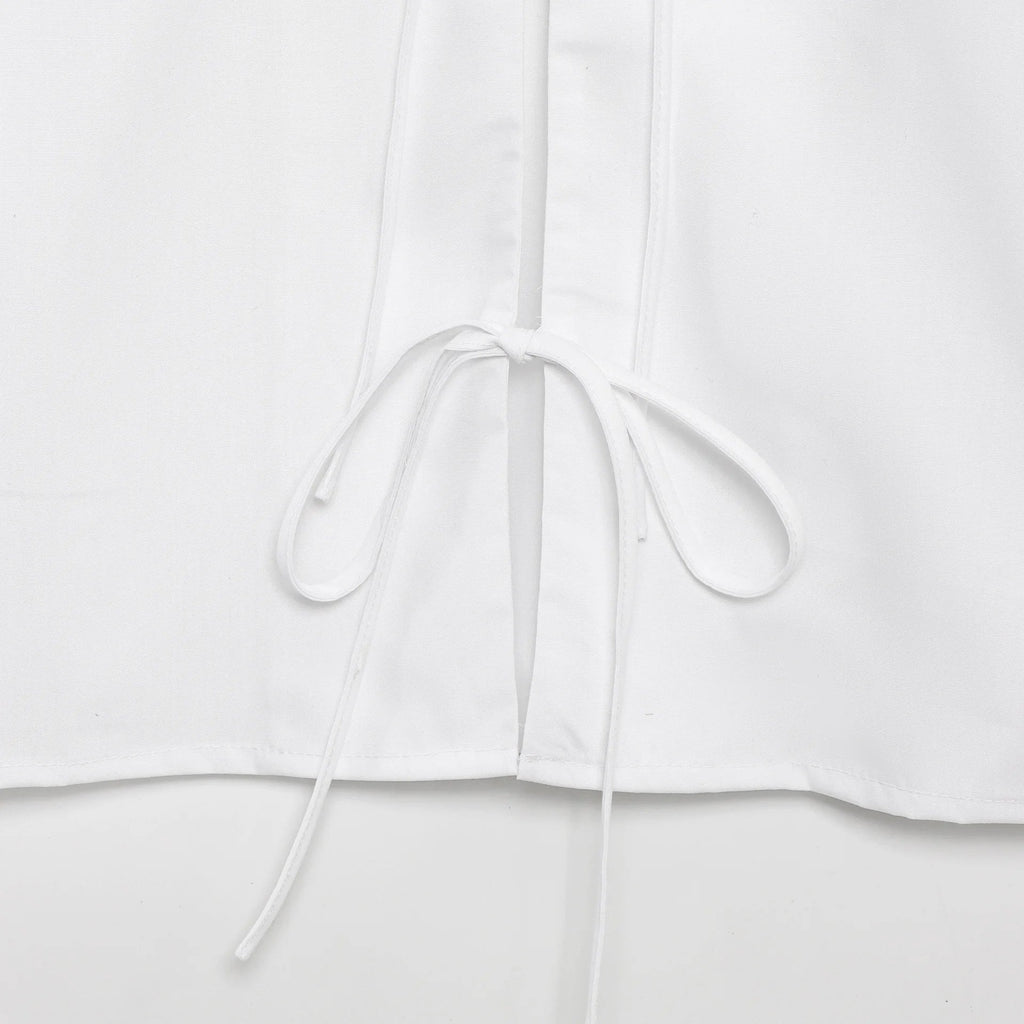 Women's Embroidered Lace-Up Poplin Shirt with Peter Pan Collar Puff Sleeves Loose Hem Casual Chic Top for Spring and Summer