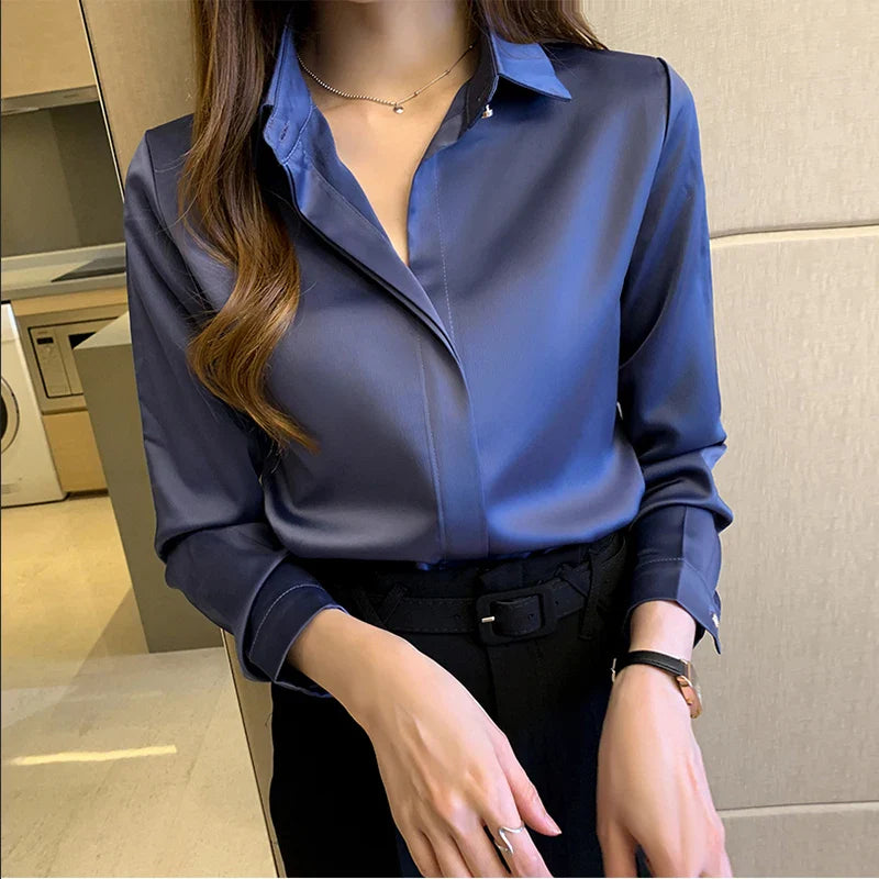 Elegant Satin Women Blouse Long Sleeve Shirt Autumn Fashion Tops for Ladies Office and Casual Wear