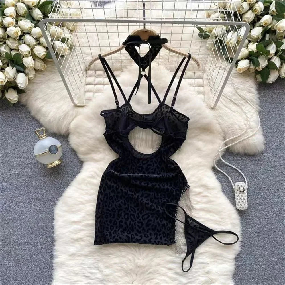 Leopard Print Lingerie Halter Nightwear Side Slit Tassels