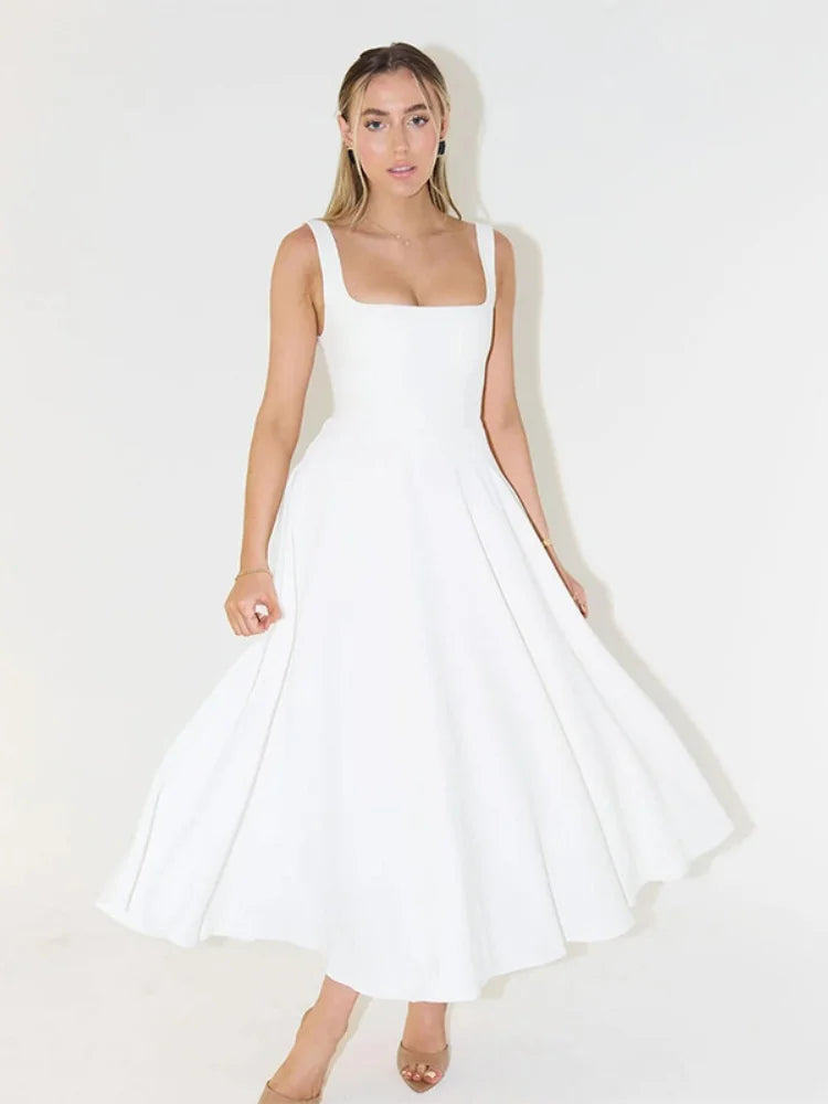 Solid Square Neck Sleeveless Suspender Dress For Women Long