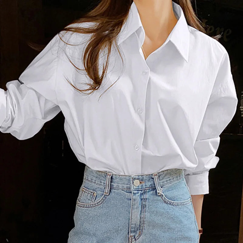 Women's Casual Loose Fit Long Sleeve Lapel Shirt 100 Percent Cotton Pure Color Versatile Layering Top for Spring and Autumn