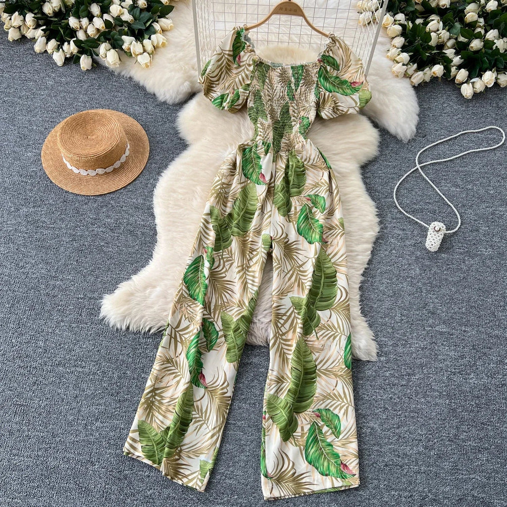 Square Neck Loose Pleated Jumpsuit with Ruffles Backless Design Wide Leg Long Pants Elegant Chic Printed Playsuit for Women