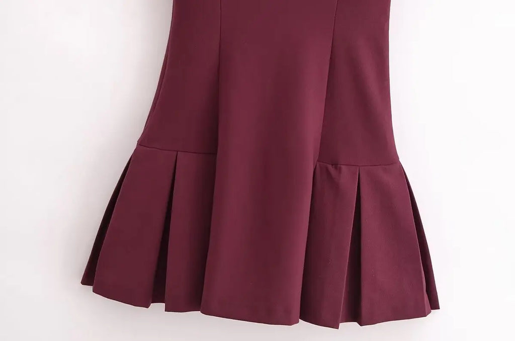 Retro Ribbed Pleated Dress For Women With Contrast Trim