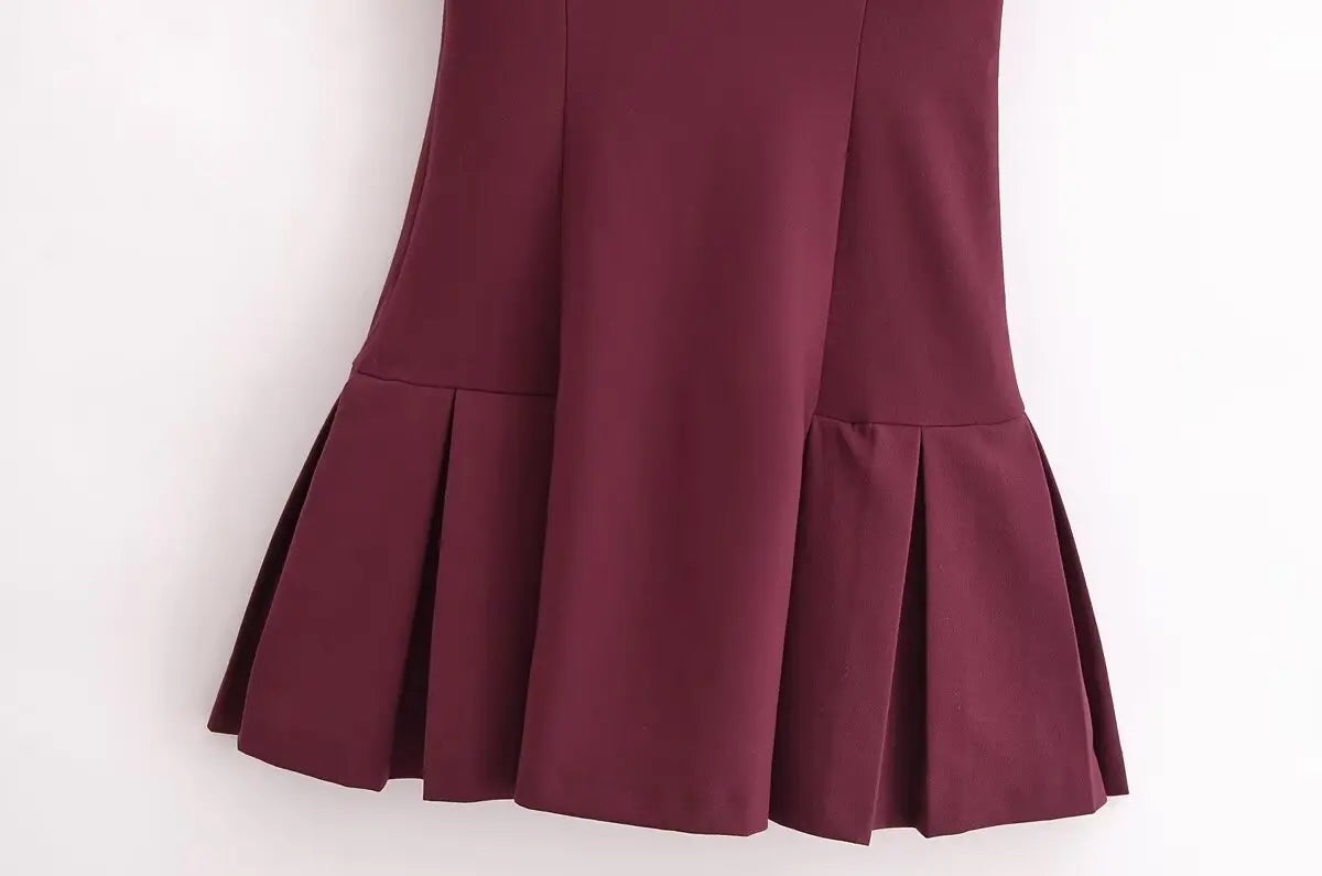 Retro Ribbed Pleated Dress For Women With Contrast Trim