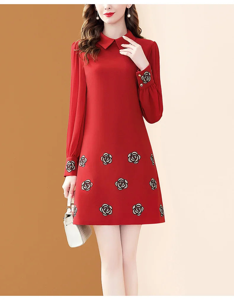 Floral Embroidery Chiffon Dress With Polo Collar For Office