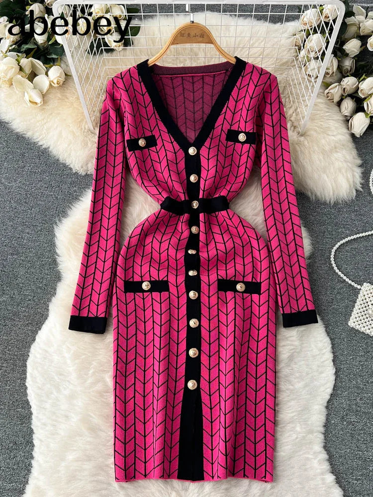 Autumn Plaid Knit Dress Women V Neck Elastic Waist Midi
