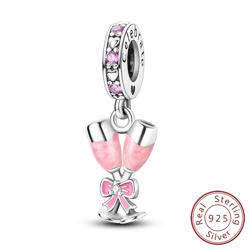 Fit 925 Sterling Silver Bow Perfume Bottle Pink Charms Beads for Women DIY Jewelry Gifts