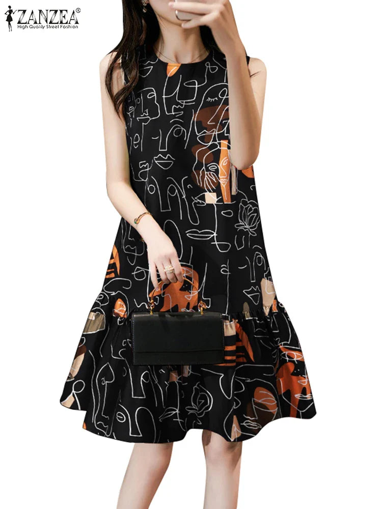 Bohemian Sundress Sleeveless Knee Length With Ruffles