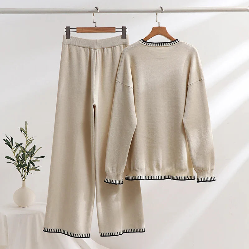 Casual Women Two Piece Tracksuit Set Thick Winter Sweatshirt and Pants Cozy Knitted Loungewear