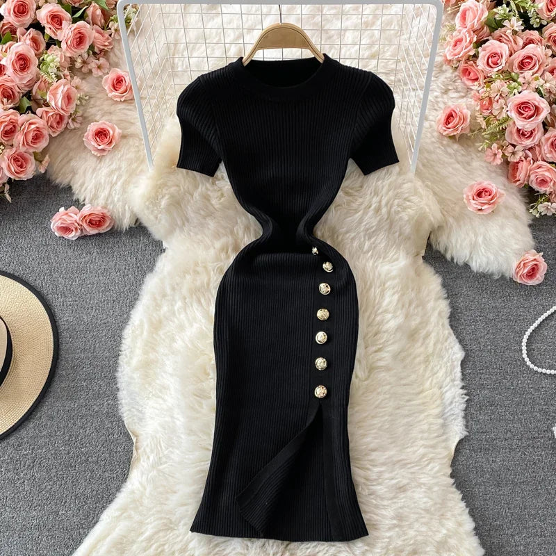 Black Knitted Bodycon Dress Slim Elastic Streetwear
