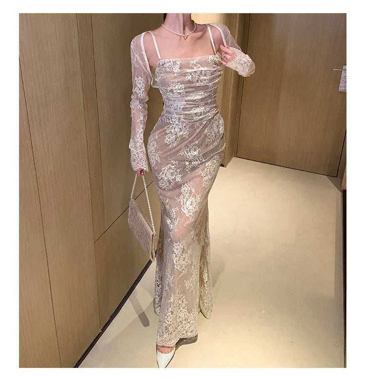 Elegant Mermaid Bandage Dress With White Lace For Wedding