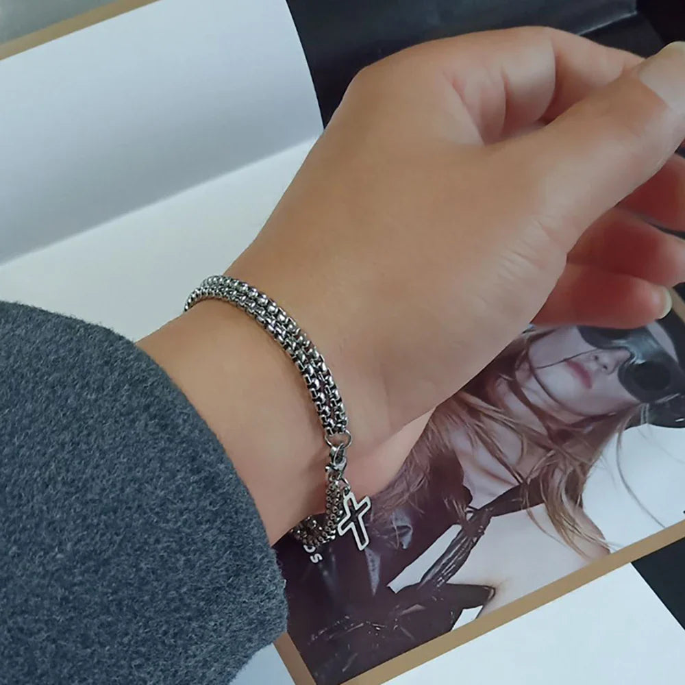 Men's Stainless Steel Skeleton Cross Bracelet with Double Chain and Lobster Claw Clasp for Hip Hop Punk Style Jewelry