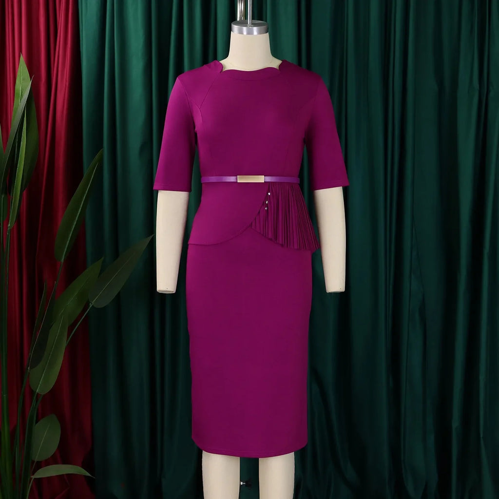 Women Square Neck Bodycon Midi Dress Belted For Work